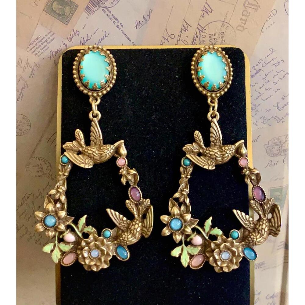Hummingbird Flower Teardrop Dangle Earrings Teal Cabochon Statement Drop - Picture 2 of 4